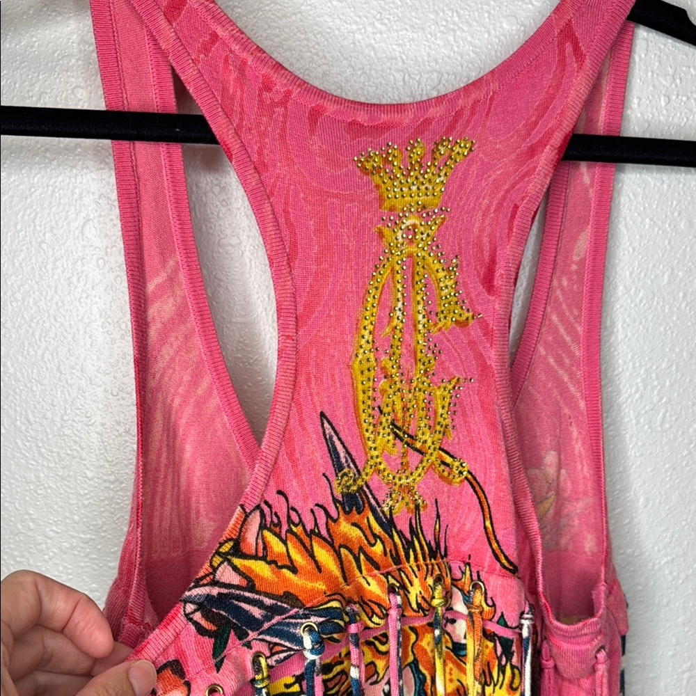 Christian Audigier Pink Tank Sweater Dress w Graphic Design Fringe‎ Y2K - Picture 12 of 17
